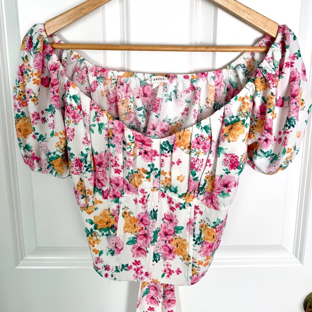 Floral Off-Shoulder Corset Crop Top - White Pink & Yellow Flowers Size Large